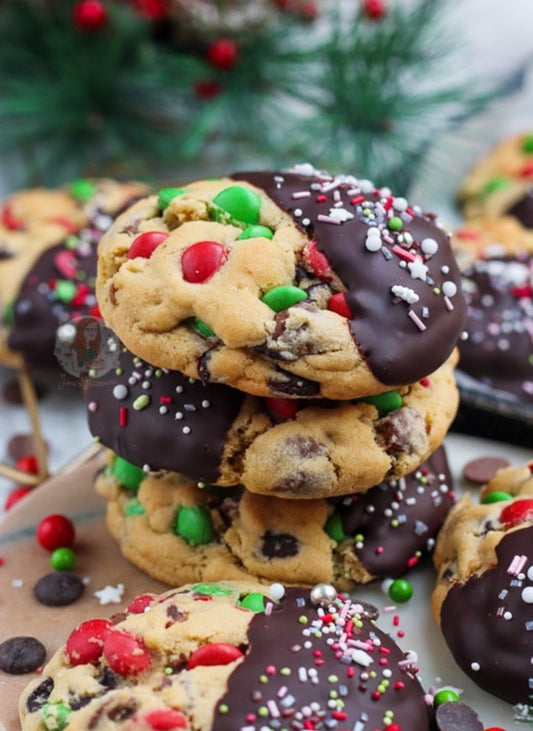 Chocolate Dipped M&M Chocolate Chip Cookie